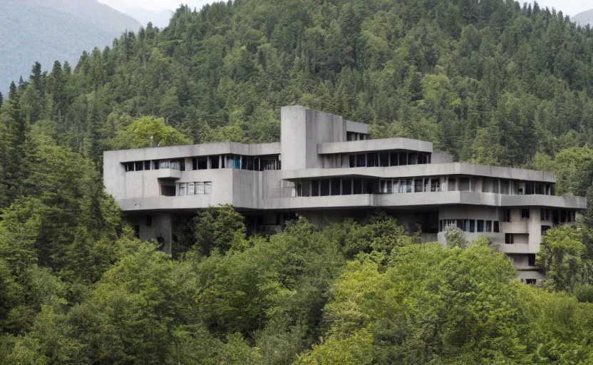 Prompt: Massive brutalist house on a secluded mountain with trees around