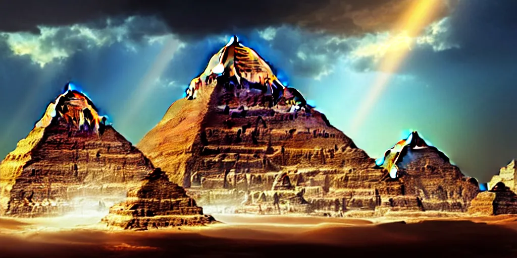 Image similar to beautiful egyptian pyramid, magic, waterways, waterfalls, gorgeous clouds, god rays, digital art, landscape, fantasy art, octane render, ureal engine, high detail, very realistic, by greg rutkowski. by james gurney