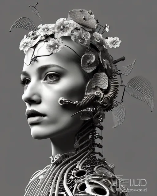 Image similar to monochrome 3 d model, 1 8 7 0 picture, silver mesh floral steampunk biomechanical beautiful young female cyborg with porcelain profile face and a techno eye, volumetric light, leaves foliage and stems, hibiscus flowers, sinuous fine roots, fine foliage lace, alexander mcqueen, rim light, big gothic fashion pearl embroidered collar, octane render, 8 k