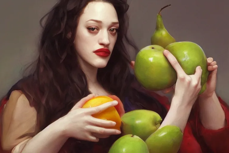 Prompt: A portrait of Kat Dennings eating various fruits by Ruan Jia and Mandy Jurgens and Artgerm and william-adolphe bouguerea, highly detailed, trending on artstation, award winning, H 768