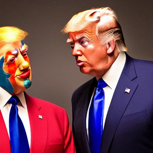 Prompt: UHD candid color photo of Joe Biden and Donald Trump wearing accurate clown makeup, accurate faces, UHD, photorealistic, correct face, photo by Annie Leibowitz