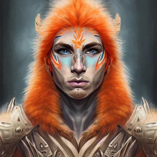 Prompt: portrait painting of an elven young man with short light orange hair and tribal tattoos on his face wearing fur armor, sharp focus, award - winning, trending on artstation, masterpiece, highly detailed, intricate. art by aurore folny