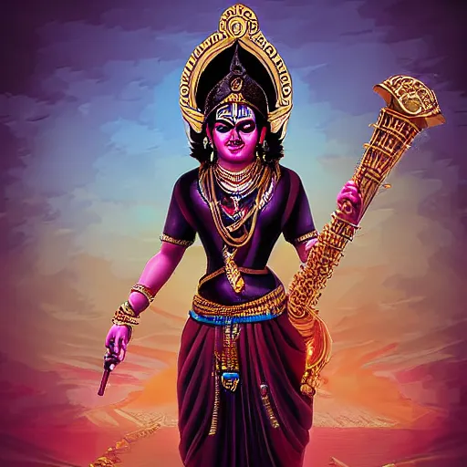 Prompt: digital art modern urban fantasy - full-body standing character concept of a hindi bard worshipping a statue of Kali