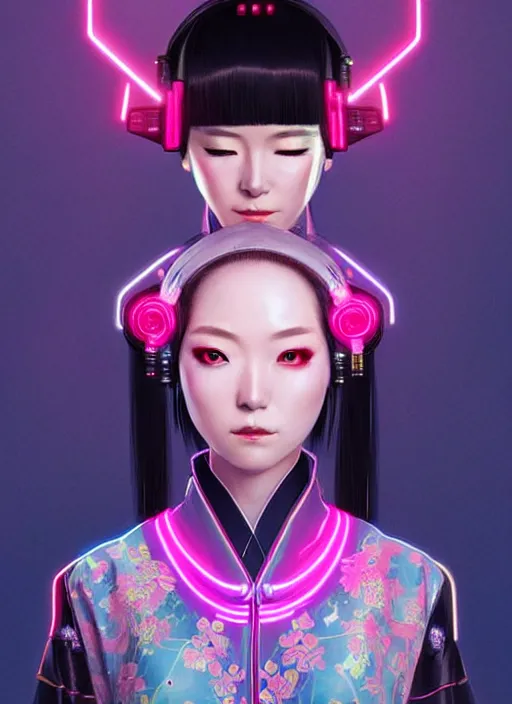 Image similar to portrait of female japanese android in elaborate kimono dress, wearing a vr headgear, hologram hovering around her, intricate detail, cyber neon lighting, highly detailed, digital photography, artstation, glamor pose, concept art, art by artgerm and greg rutkowski, pinterest, artstation,