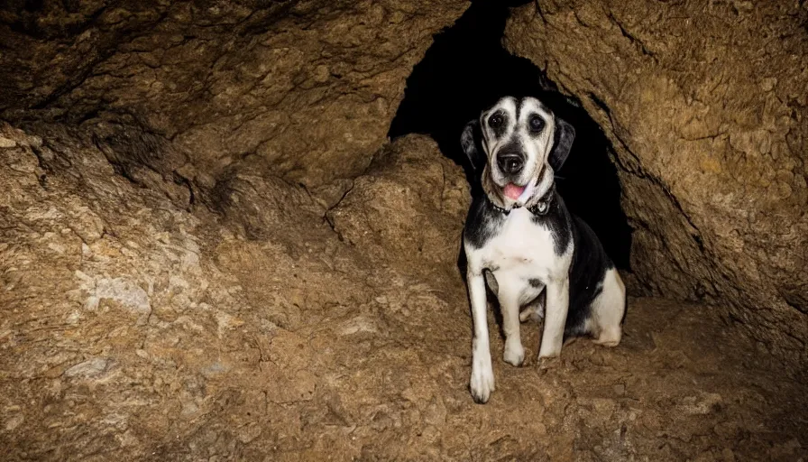 Image similar to a photo of a hound dog, in a dark cave, photography