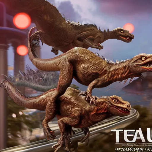 Image similar to velociraptors riding on tea cup ride, photorealistic, high resolution, vray, hdr, hyper detailed, insane details, intricate, elite, ornate, elegant, luxury, dramatic lighting, octane render, weta digital, micro details, 3 d sculpture