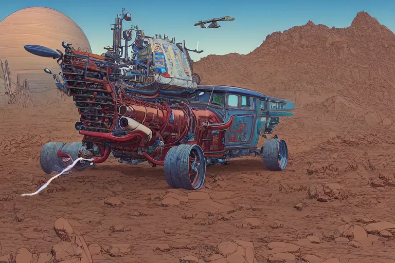 Prompt: a detailed painting of a martian hot - rod rocket, by moebius and geof darrow, wlop, tooth wu cinematic, concept art, detailed, intricate lines, trending on artstation
