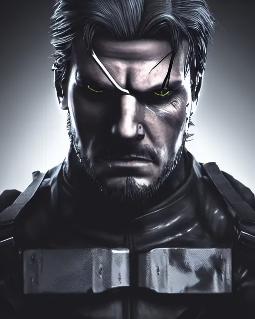 Image similar to solid snake portrait, cinematic lighting, anguished depressed facial expression, black atmospheric background, 4 k photography hdr