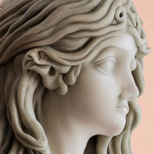Prompt: female medusa long hair marble statue beautiful delicate face macro shot head