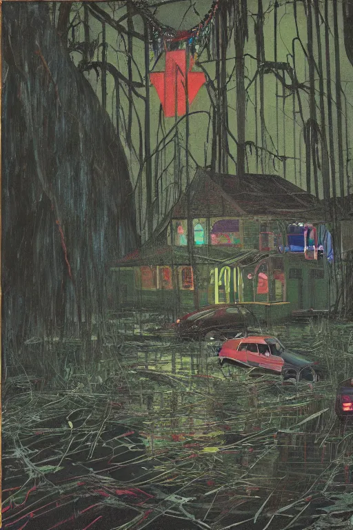 Image similar to scene fromlouisiana swamps, old protestant church with neon cross, junkyard by the road, boy scout troop, voodoo artwork by tim eitel