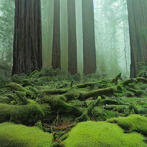 Prompt: a redwood forest clearing, with godrays touching a mossy stone,misty dawn Blake rottinger 5 12 16 redwood cars web, photorealistic, filmgrain