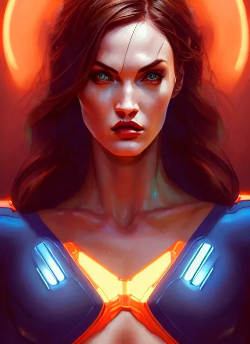 Image similar to portrait of apex legends megan fox as mystique, intricate, elegant, glowing lights, highly detailed, digital painting, artstation, glamor pose, concept art, smooth, sharp focus, illustration, art by artgerm and greg rutkowski, artey freytag