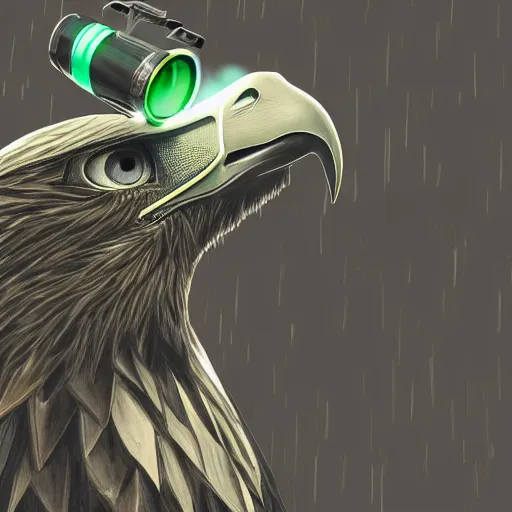 Prompt: A extremely high detail eagle wearing high detail night vision goggles, on a big church, sharp claws, cloudy, midnight, smoke, ultra high detail digital art, trending on Artstation