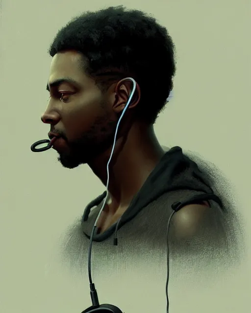 Image similar to light skin black man with headphones at his home studio producing music late at night, very detailed, 4 k, concept art like ernest khalimov, intricate details, highly detailed by greg rutkowski, ilya kuvshinov, gaston bussiere, craig mullins, simon bisley