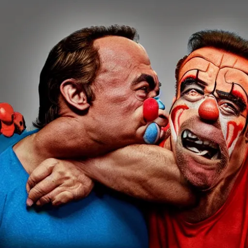 Prompt: UHD candid color photo of Joe Rogan holding Clown Arnold Schwarzenegger in a choke hold, accurate faces, UHD, photorealistic, correct faces, photo by Annie Leibowitz