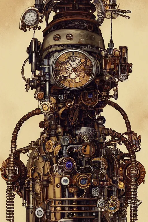 Image similar to a portrait of a steampunk robot, realistic, artstation, illustration by silvio camboni, yoshitaka amano, katsuhiro otomo, victo ngai, james gurney, brom, jeffrey jones, steampunk concept art, alphonse mucha