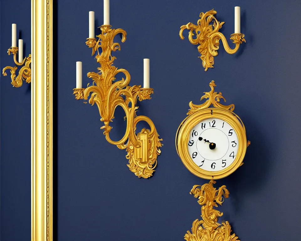 Image similar to an achingly beautiful print of ornate gold clocks and Tiffany sconces on a navy blue wall by Raphael, Hopper, and Rene Magritte. detailed, romantic, enchanting, trending on artstation.