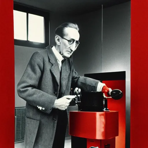 Image similar to Kodachrome portrait of Marcel Duchamp with an technologival machine, archival pigment print in the style of Hito Steyerl, studio shooting, contemporary art