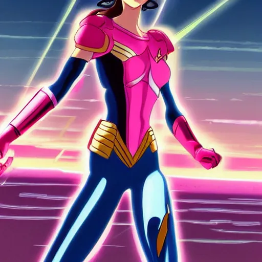 Image similar to a moderne painting of gal gadot as the pink power ranger in the style of makoto shinkai, and in the style of akira toriyama. sharp focus, semi - realism, intricate detail.