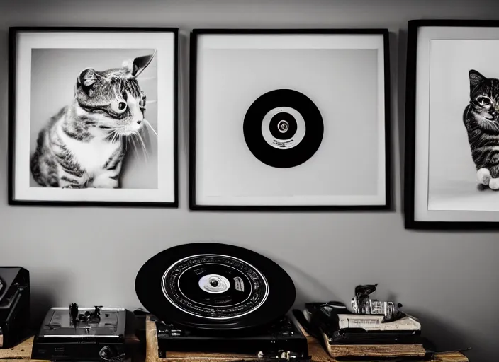 Image similar to photography of a Cat sitting on a record player. in a room full of posters, photorealistic, raining award winning photo, 100mm, sharp, high res