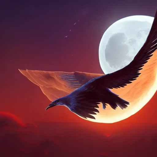 Prompt: phoenix flying in front of the moon, glowing light, fire, oil painting, octane render, greg rutkowski, 8 k