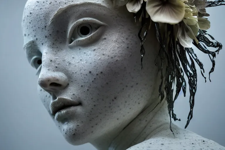 Image similar to a sculpture of a beautiful woman with flowing tears, fractal flowers on the skin, intricate, a marble sculpture by nicola samori, behance, neo - expressionism, marble sculpture, apocalypse art, made of mist, still frame from the prometheus movie by ridley scott with cinematogrophy of christopher doyle, arri alexa, anamorphic bokeh, 8 k