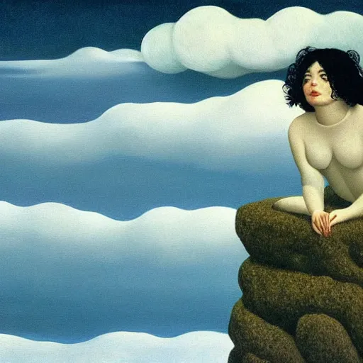 Image similar to very detailed, beautiful painting of bjork levitating above the wavy ocean into a gray sky. shaded. art by rene magritte, 1 9 2 7. oil on canvas.