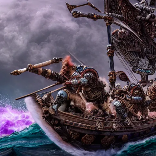 Image similar to vaporwave vikings in dragon ship raid, intricate detail, finely detailed, small details, extra detail, photorealistic, high resolution, vray, hdr, hyper detailed, insane details, intricate, elite, ornate, elegant, luxury, dramatic lighting, octane render, weta digital, micro details, 3 d sculpture