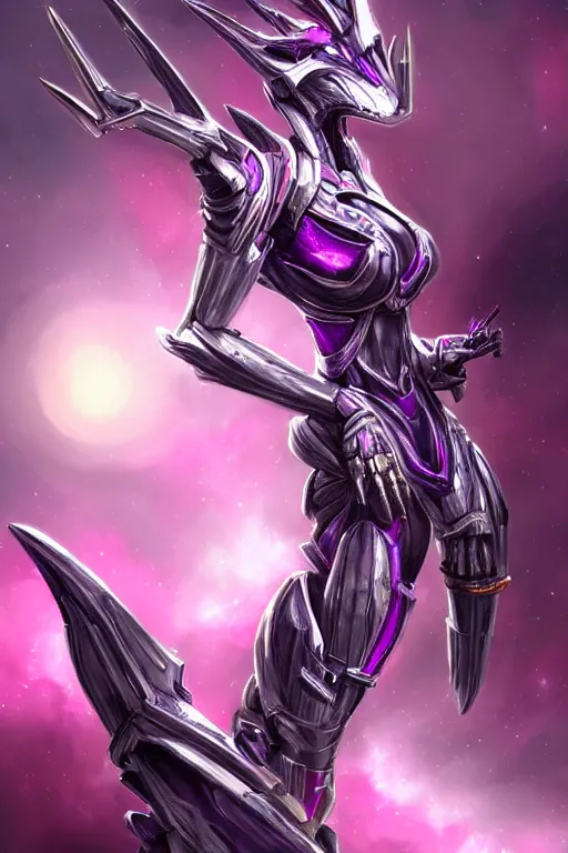 Prompt: galactic hyperdetailed elegant beautiful stunning giantess anthropomorphic mecha sexy female dragon goddess, sharp spines, sharp metal ears, smooth purple eyes, smooth fuschia skin, silver armor, bigger than galaxy, epic proportions, epic scale, epic size, warframe destiny fanart, furry, dragon art, goddess art, giantess art