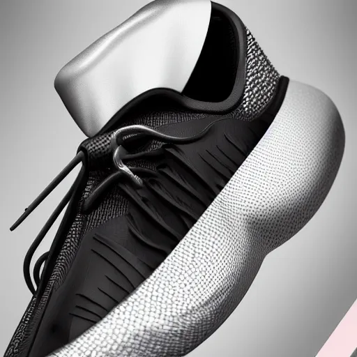 Image similar to product photography extremely detailed futuristic sports sneakers with a detailed foam sole, with holographic elements, 3 d model, hyperrealism, balenciaga style ultra rendered extreme realism and detail, 8 k, f / 2. 2, canon 8 5 mm, photorealistic, sharp focus,