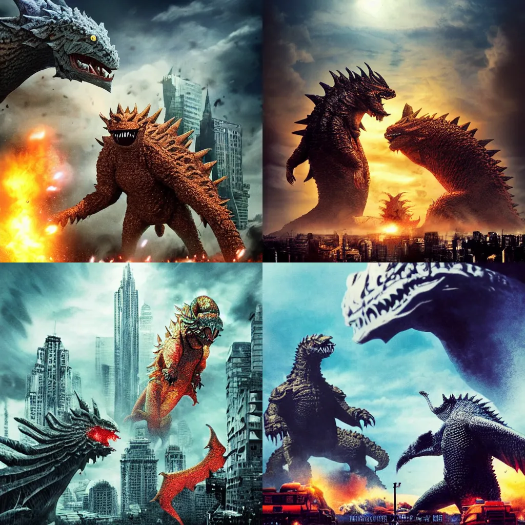Prompt: kaiju battle, city, realistic, military, cinematic, detailed, movie poster