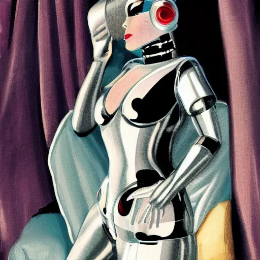 Image similar to boudoir, shiny chrome robot woman holding a blanket against herself, beautiful robot automaton