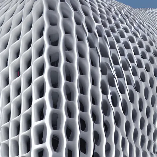 Image similar to giant parametric building that is white, horizontal, fluid form, complex | cinematic, hyper realistic, crazy detail, smoke geometry, artstation, hyper realistic, super detail