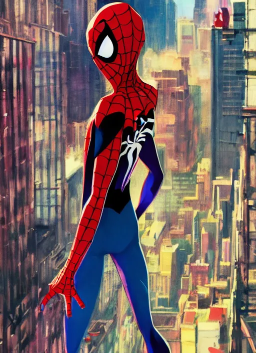 Prompt: spider - man into the spider - verse ( 2 0 1 8 ) anime key visual concept art of spider gwen standing on a balcony in new york city, golden rays, by ashley wood, yoji shinkawa, alberto mielgo, 6 0's french movie poster, french impressionism, vivid colors, palette knife and brush strokes, fish eye lens