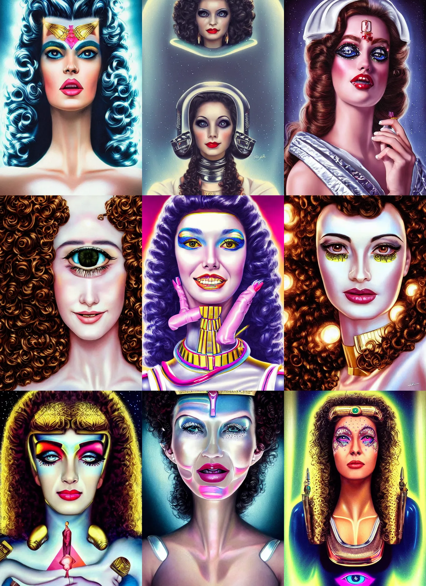 Prompt: majestic android woman portrait with egypt eyes makeup, dressed in an white silk, 8 0 s look, smiling, 8 0 s curly hair, cute nose, retro, beautiful lights, vintage look, hyper realistic, illustration, airbrush, 8 k, intricate, duo tone, art by david la chapelle and philip castle, artgerm