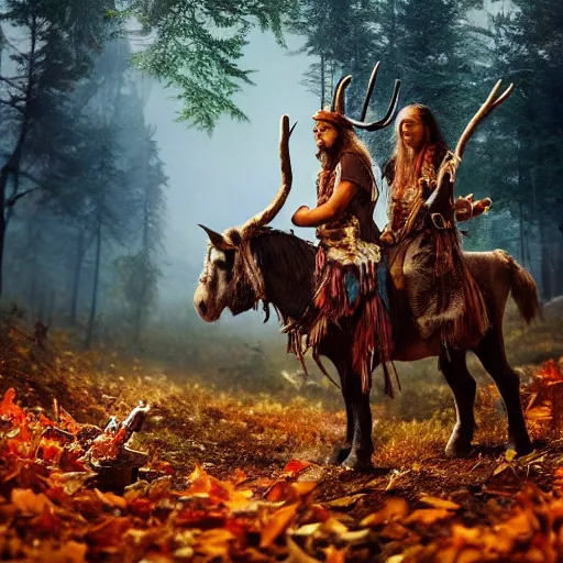 Image similar to hippie tribal hobo wearing twigs and leaves smiling sheepishly, riding tiny scuffy donkey with novelty oversized antlers, autumn forest, highly detailed, dramatic lighting, night time, cinematic, hyperrealistic, detailed, movie still from game of thrones