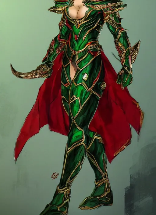 Image similar to Full body portrait of a beautiful young blonde short haired elven princess wearing red, green and gold armour robe. In style of Yoji Shinkawa and Hyung-tae Kim, trending on ArtStation, dark fantasy, great composition, concept art, highly detailed.