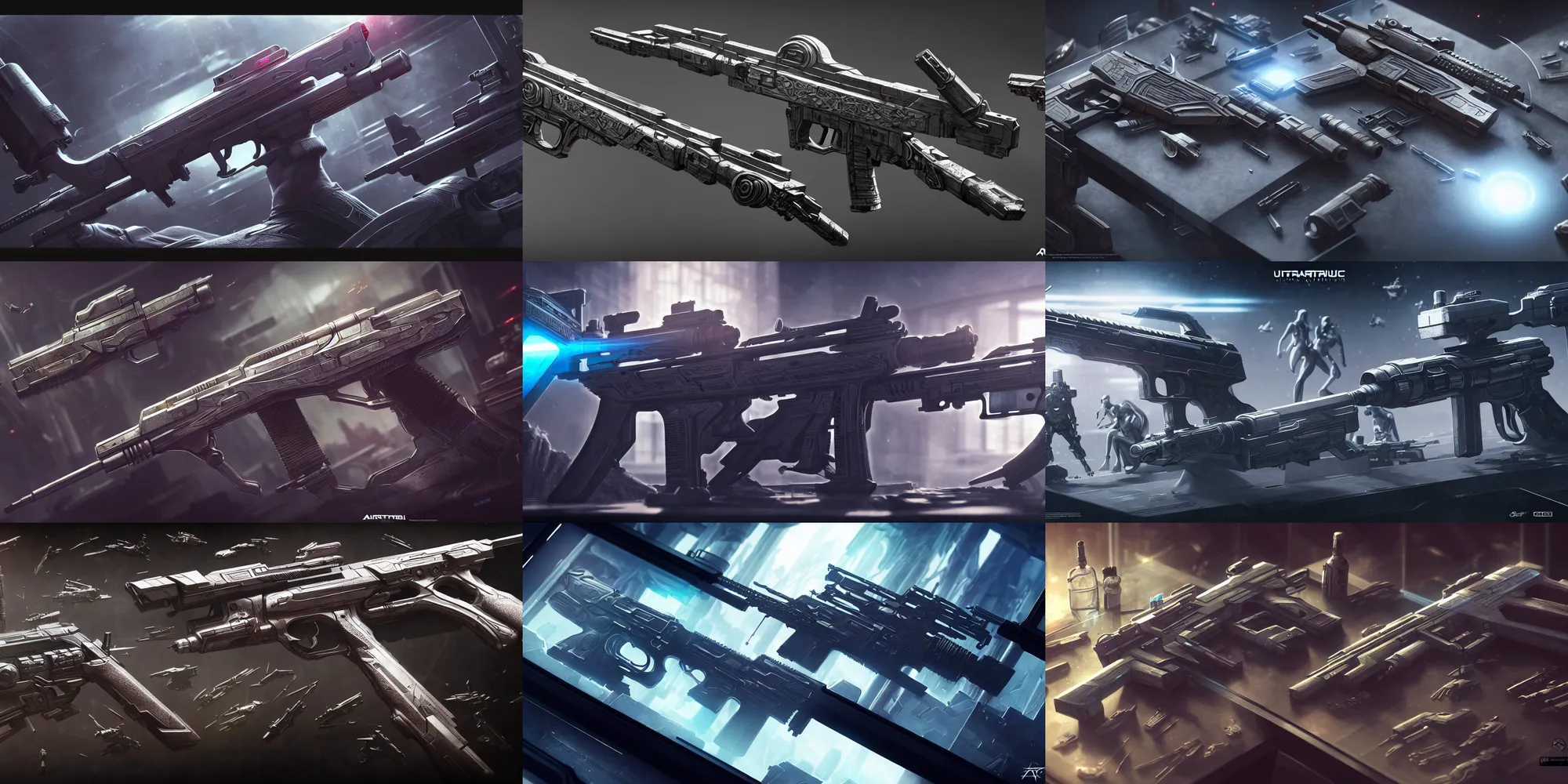 Prompt: ultra realistic, concept art, assortment of futuristic guns on a glass table, sci - fi, intricate details, eerie, highly detailed, octane render, 8 k, art by artgerm