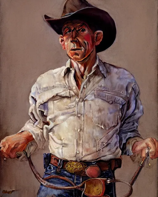 Prompt: high quality high detail painting by norman rockwell, hd, portrait of a cowboy, muted pastel colors, photorealistic lighting