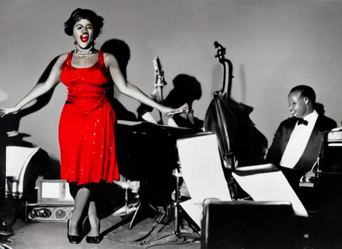 Prompt: a close up photograph of a black female singer, in a red dress, on stage, with her band, 1 9 3 0 s jazz club, smoke, color photograph - filled room