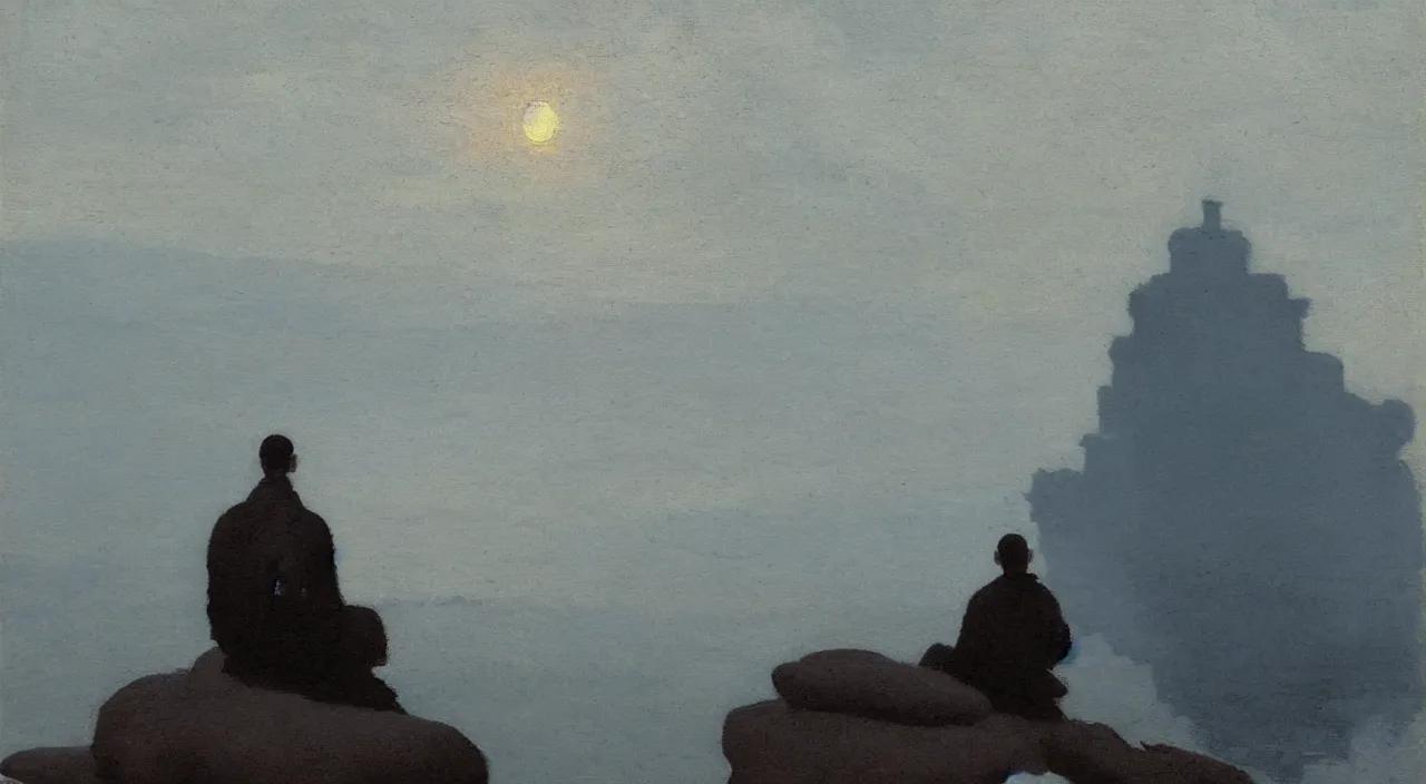 Image similar to isaac levitan painted style a lonely silhouette of a meditating monk sitting in the fog on a stone protruding from the water in the rays of the morning sun