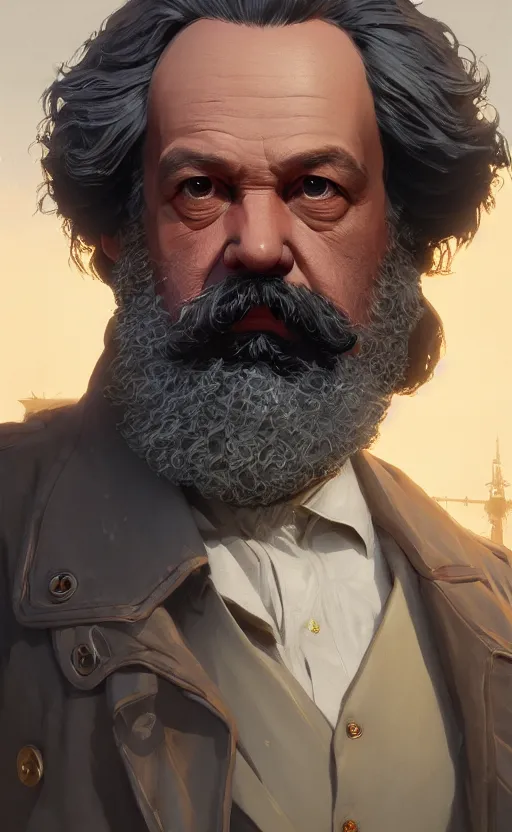 Image similar to highly detailed portrait of karl marx in gta v, stephen bliss, unreal engine, fantasy art by greg rutkowski, loish, rhads, ferdinand knab, makoto shinkai and lois van baarle, ilya kuvshinov, rossdraws, tom bagshaw, global illumination, radiant light, detailed and intricate environment