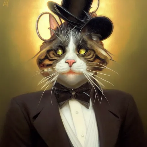 Image similar to close portrait of a fancy cat with a top hat, vaporwave, highly detailed, digital painting, artstation, concept art, smooth, sharp focus, illustration, art by artgerm and greg rutkowski and alphonse mucha