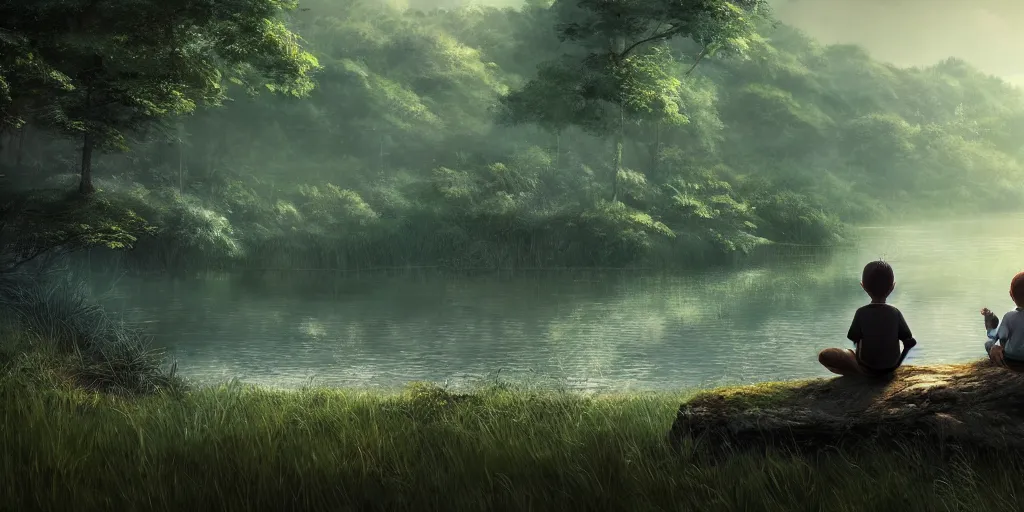 Image similar to a silver dragon and a boy sitting next to lake in forest, many fireflys, at night, concept art, dof, cryengine, digital art, detailed background, makoto shinkai