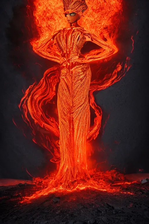 Image similar to high contrast woodblock of a eldritch volcanic fire goddess clothed in a flaming gown, volcanic embers, magma, diffused lighting, hyperrealism, fantasy character art by laura zalenga and alexander holllow fedosav, 8 k dop dof hdr