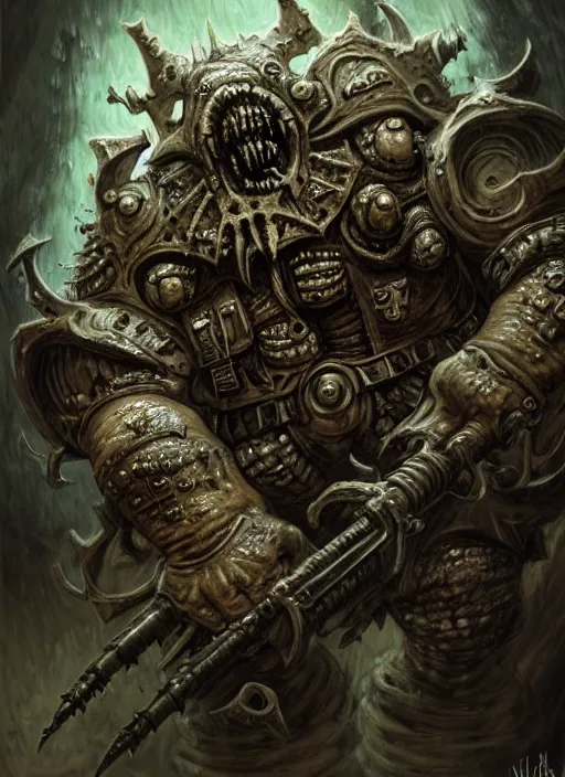 Image similar to portrait of a nurgle smiling, intricate, warhammer, warhammer 4 0 k, highly detailed, digital painting, concept art, sharp focus, illustration, muted colors, grim dark, moody, gloomy, art by john blanche, by pedro nunez, by jaime martinez, by nacho molina