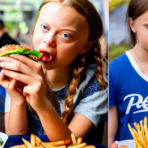 Prompt: realistic photo of greta thunberg, eating burger and french fries, along with endorsing pepsi drink