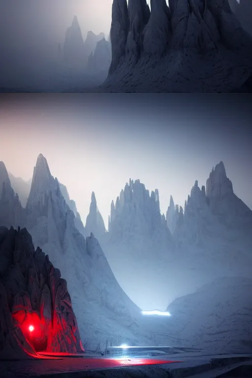 Prompt: futuristic atmosphere in the snowy mountains dolomites 3 d concept art, red lasers, cinematic lighting, rule of thirds, depth of field, intricate details, building by zaha hadid, stormy weather, emissary space by arthur haas and bruce pennington and john schoenherr, cinematic matte painting, dark moody colors, trending on artstation, featured on behance
