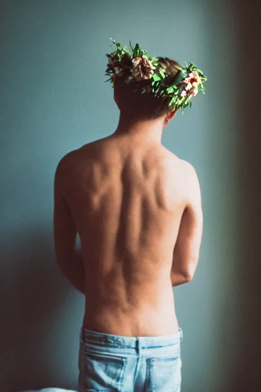 Prompt: agfa vista 4 0 0 photograph of a skinny blonde guy standing in a cluttered 9 0 s bedroom, flower crown, back view, grain, moody lighting, moody vibe, telephoto, 9 0 s vibe, blurry background, vaporwave colors!, faded!,