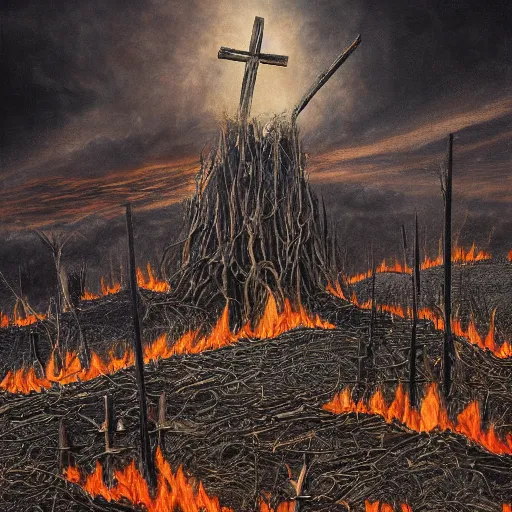 Prompt: burning crosses and bibles in an apocalyptic landscape, fields of embers, hyper realism, painted by giger, 4 k